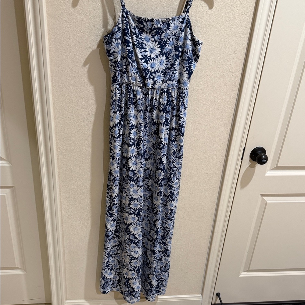 Blue Floral Maxi Dress with Adjustable Spaghetti Straps